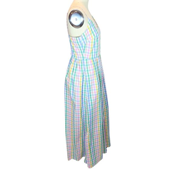 J CREW Pastel Gingham Midi V Neck Smocked Sun Dress w/ Pockets Size 6 Preppy - Picture 2 of 8